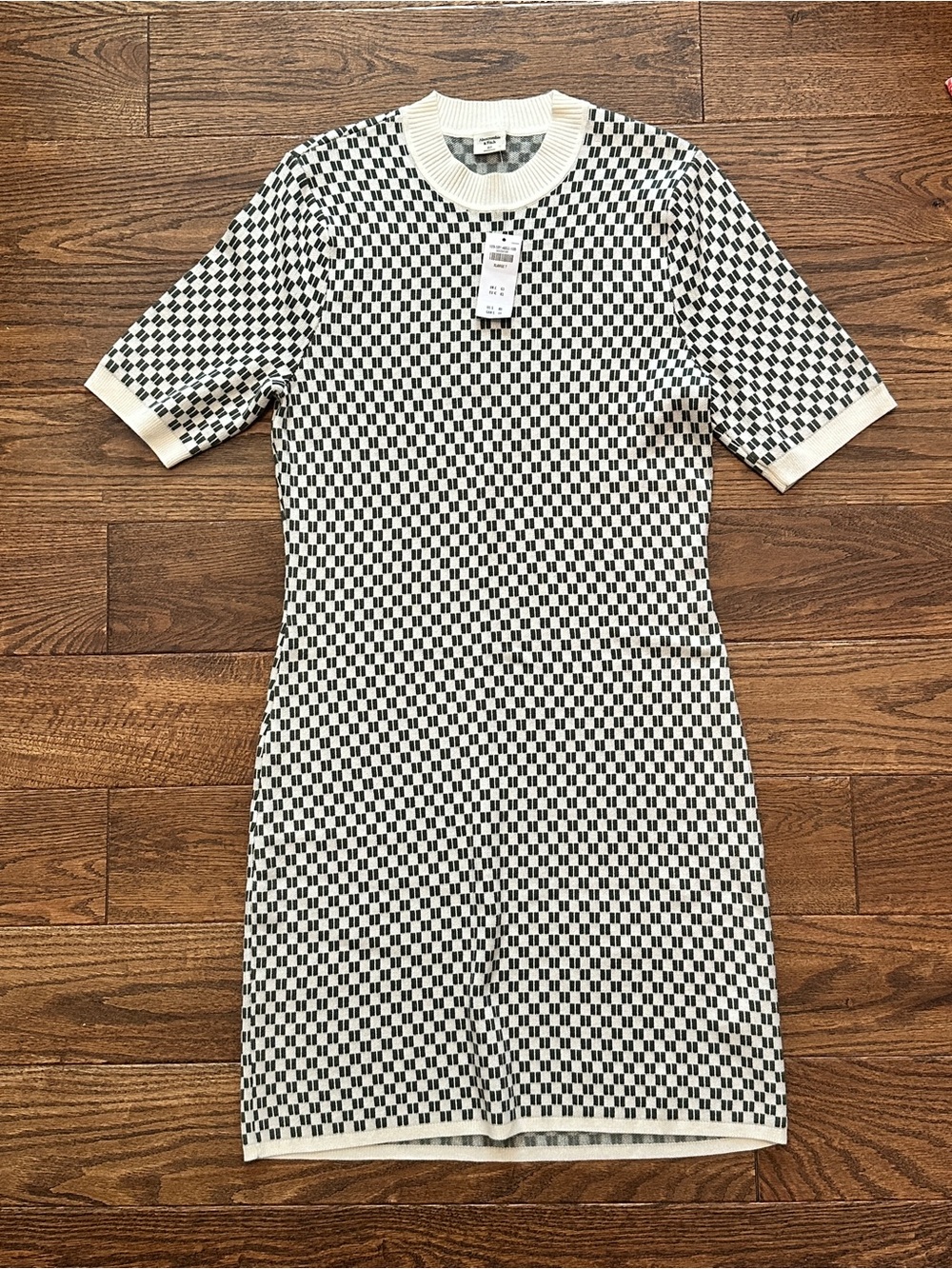Olive Green & White Checker Knit Short-Sleeve Dress